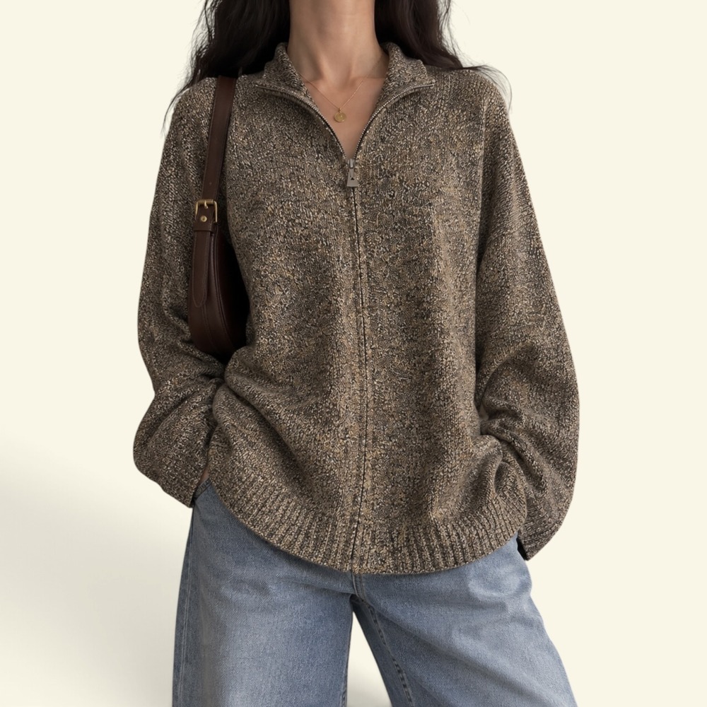 VTG Y2K White Stag Chunky Marled Knit Full Zip Sweater Cardigan Brown Plus 14W